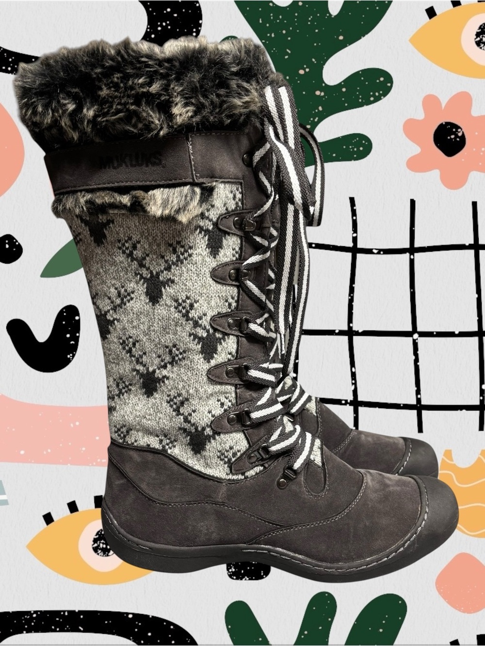 Muk Luks | Gwen Grey Reindeer Sweater Knit Accent Suede Faux Fur Trim Snow Boots